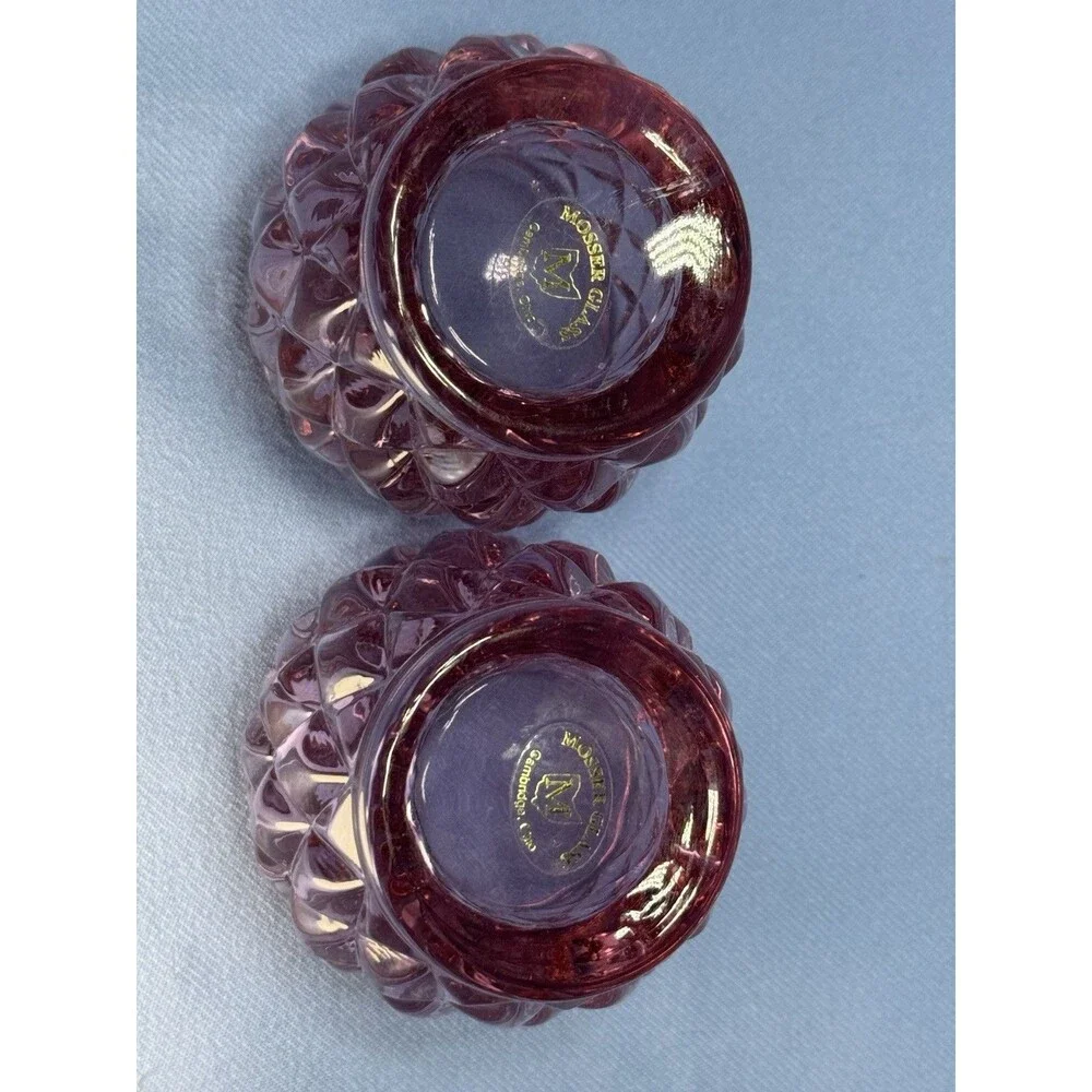 Set of Two Mosser Glass Votives In Pink Crystal Cut 2.5 Inches Tall Vintage